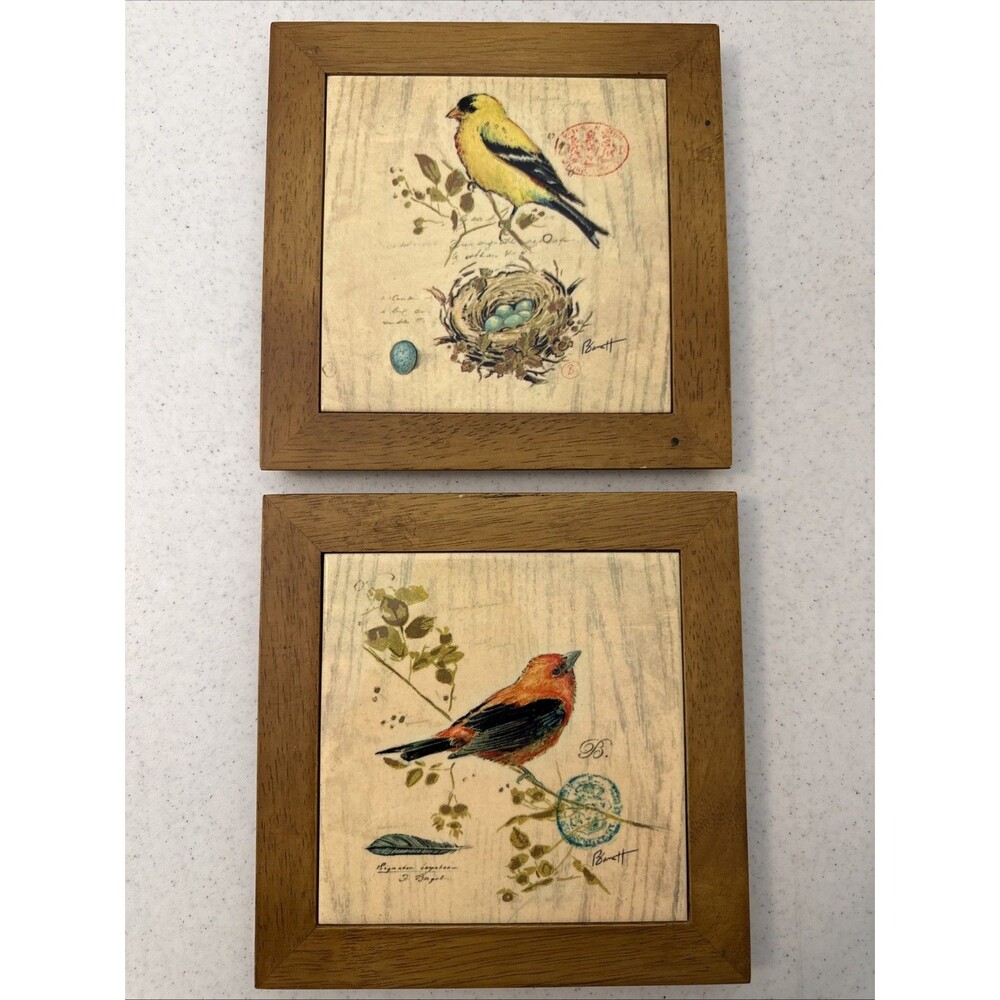 VTG Gilded Songbird 4 Chad Barrett  Art Tile Framed In Wood 8x8x .5”D Wall Decor